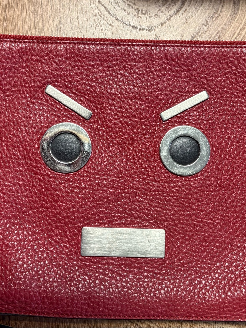 Fendi Red Pebbled Leather Face Zip Pouch with Silver-Tone Hardware